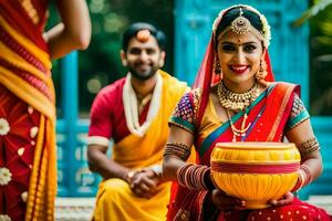 un' donna nel tradizionale indiano abbigliamento Tenere un' pentola. ai-generato foto
