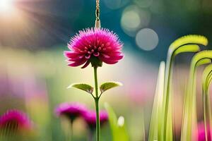 un' rosa fiore è sospeso a partire dal un' gancio nel un' campo. ai-generato foto