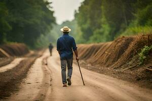 un' uomo a piedi giù un' sporco strada con un' canna. ai-generato foto