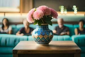 un' vaso di fiori su un' tavolo nel un' ristorante. ai-generato foto