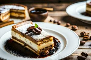 un' fetta di torta su un' piatto con caffè fagioli. ai-generato foto