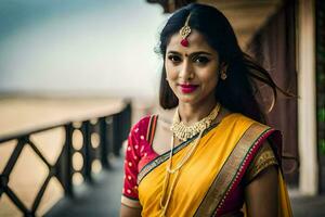 un' bellissimo indiano donna nel un' giallo sari. ai-generato foto