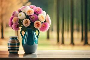 un' vaso con rosa e bianca fiori su un' tavolo. ai-generato foto