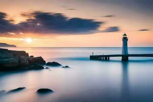 un' faro sta nel il mezzo di il oceano a tramonto. ai-generato foto