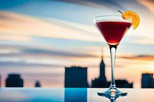 un' cocktail con un' tramonto Visualizza nel il sfondo. ai-generato foto