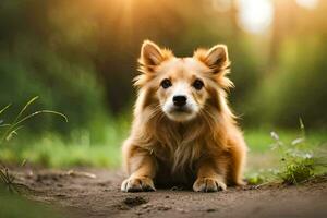 un' cane seduta su il terra nel il sole. ai-generato foto