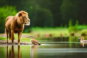 un' Leone e un' uccello in piedi nel il acqua. ai-generato foto