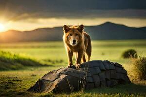 un' cane in piedi su superiore di un' roccia nel il mezzo di un' campo. ai-generato foto