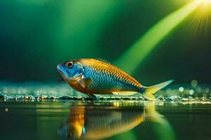 un' pesce è in piedi su il acqua con un' luminosa leggero dietro a esso. ai-generato foto