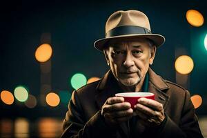 un più vecchio uomo nel un' cappello e cappotto Tenere un' tazza. ai-generato foto