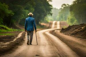 un' uomo a piedi giù un' sporco strada con un' canna. ai-generato foto