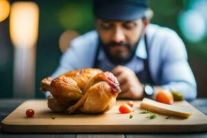 un' uomo è guardare a un' pollo su un' taglio tavola. ai-generato foto