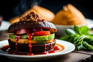 un' hamburger con salsa e verdure su superiore. ai-generato foto