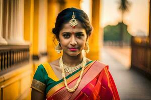 un' bellissimo indiano donna nel un' tradizionale sari. ai-generato foto