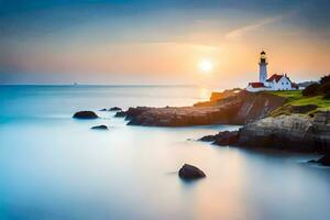 portland faro a tramonto. ai-generato foto