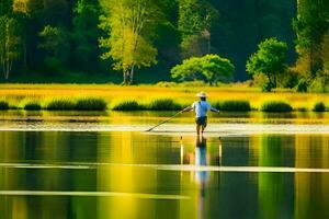un' uomo pagaie un' canoa su un' lago. ai-generato foto