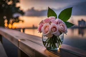 rosa Rose nel un' vaso su un' di legno panca. ai-generato foto