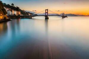 un' lungo esposizione fotografia di un' ponte al di sopra di acqua. ai-generato foto