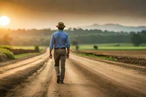 un' uomo a piedi giù un' sporco strada a tramonto. ai-generato foto