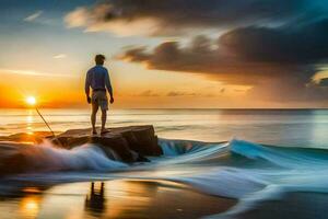 un' uomo in piedi su un' roccia a il oceano a tramonto. ai-generato foto