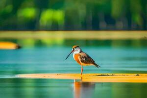un' uccello in piedi su un' piccolo isola nel il acqua. ai-generato foto
