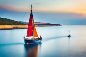 un' barca a vela nel il acqua a tramonto. ai-generato foto