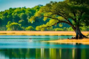 un' solitario albero si siede su il bordo di un' lago. ai-generato foto