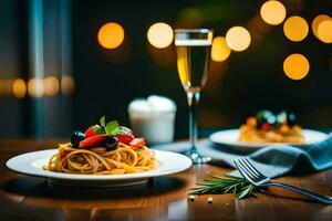 spaghetti con olive e pomodori su un' piatto. ai-generato foto