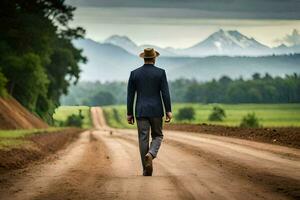 un' uomo nel un' completo da uomo e cappello passeggiate giù un' sporco strada. ai-generato foto