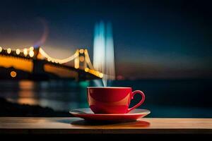 un' tazza di caffè su un' tavolo con un' ponte nel il sfondo. ai-generato foto