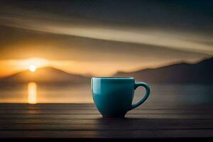 caffè tazza su il tavolo, Alba, montagne, lago, HD sfondo. ai-generato foto