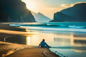 un' uomo seduta su il spiaggia a tramonto. ai-generato foto