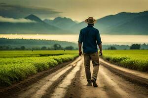 un' uomo a piedi giù un' sporco strada nel il mezzo di un' campo. ai-generato foto