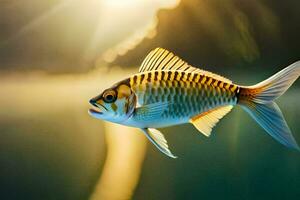 un' pesce è nuoto nel il acqua con il sole splendente. ai-generato foto