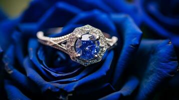 fotografia un elegante Fidanzamento squillare con un' radiante lapis lazuli annidato entro un' letto di Rose. generativo ai foto