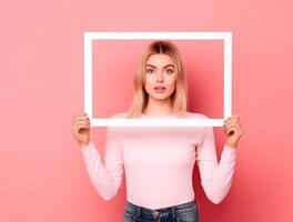 elegante ragazze mani Tenere carta telaio ai generato foto