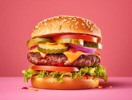 davanti Visualizza gustoso carne hamburger con formaggio e insalata su buio sfondo ai generato foto