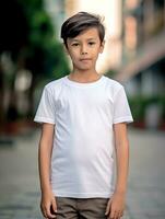 vuoto bambino bianca maglietta per modello design ai generato foto
