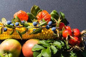 diversi frutti e bacche come decorazione autunnale foto