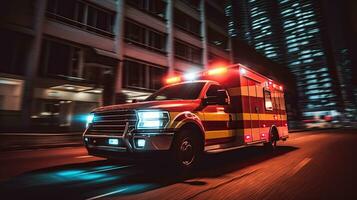 un' medico emergenza ambulanza guida durante traffico marmellata su città strada. corsa ora concetto. ambulanza. generativo ai foto