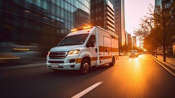 un' medico emergenza ambulanza guida durante traffico marmellata su città strada. corsa ora concetto. ambulanza. generativo ai foto