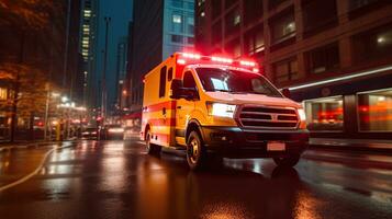 un' medico emergenza ambulanza guida durante traffico marmellata su città strada. corsa ora concetto. ambulanza. generativo ai foto