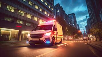 un' medico emergenza ambulanza guida durante traffico marmellata su città strada. corsa ora concetto. ambulanza. generativo ai foto