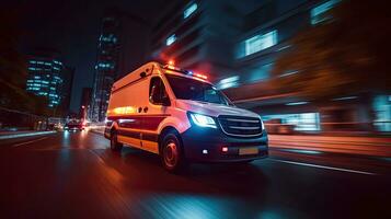 un' medico emergenza ambulanza guida durante traffico marmellata su città strada. corsa ora concetto. ambulanza. generativo ai foto