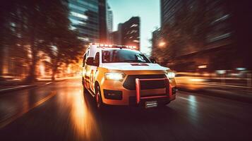 un' medico emergenza ambulanza guida durante traffico marmellata su città strada. corsa ora concetto. ambulanza. generativo ai foto