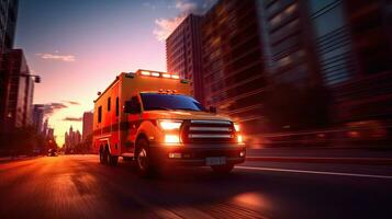 un' medico emergenza ambulanza guida durante traffico marmellata su città strada. corsa ora concetto. ambulanza. generativo ai foto