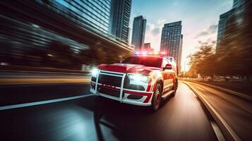 un' medico emergenza ambulanza guida durante traffico marmellata su città strada. corsa ora concetto. ambulanza. generativo ai foto