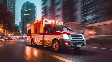 un' medico emergenza ambulanza guida durante traffico marmellata su città strada. corsa ora concetto. ambulanza. generativo ai foto