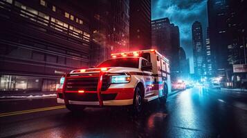 un' medico emergenza ambulanza guida durante traffico marmellata su città strada. corsa ora concetto. ambulanza. generativo ai foto