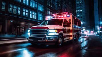 un' medico emergenza ambulanza guida durante traffico marmellata su città strada. corsa ora concetto. ambulanza. generativo ai foto